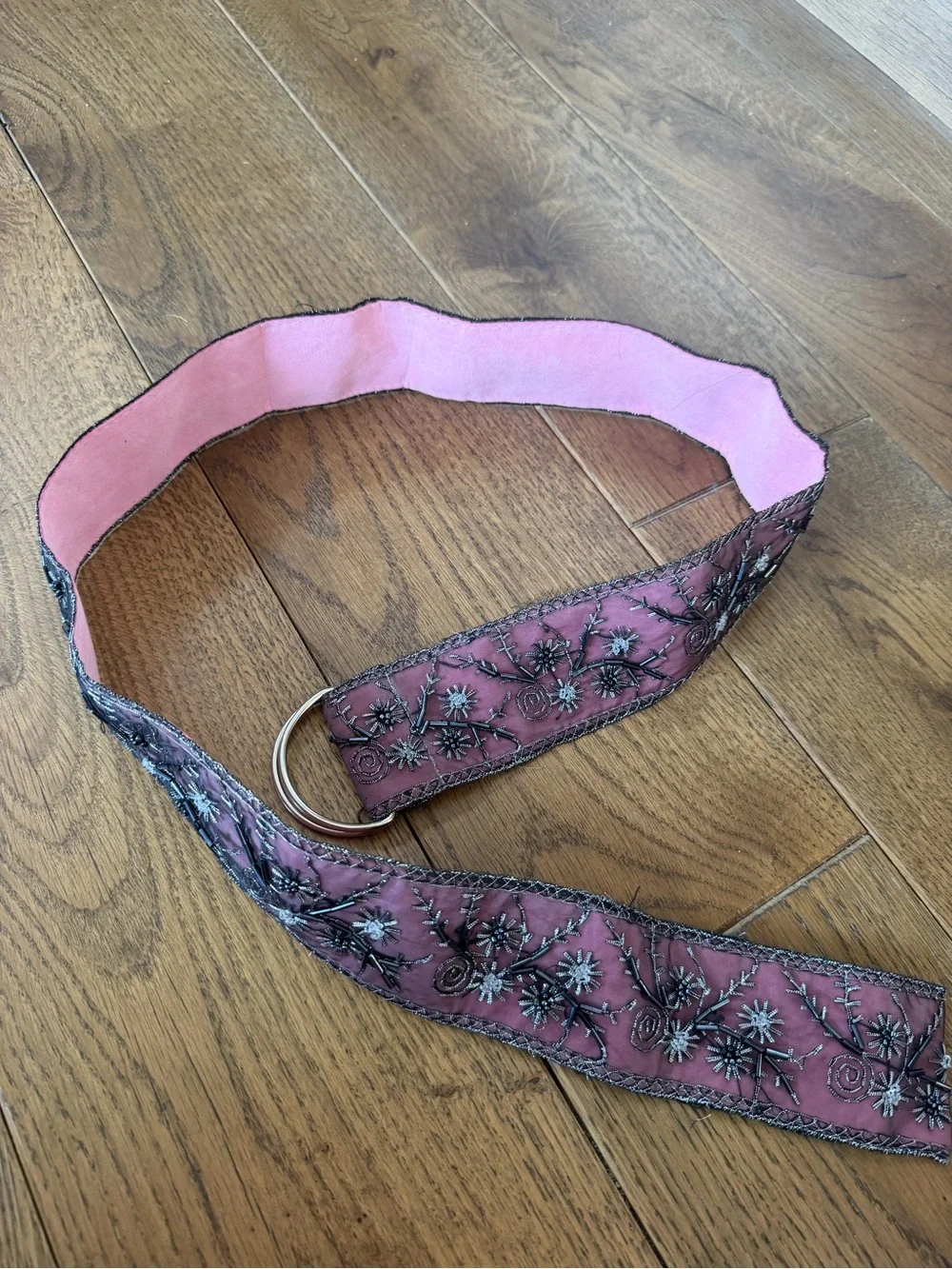 Embroidered and beaded whimsical fairy core Pink Sash Belt with Silver Ring